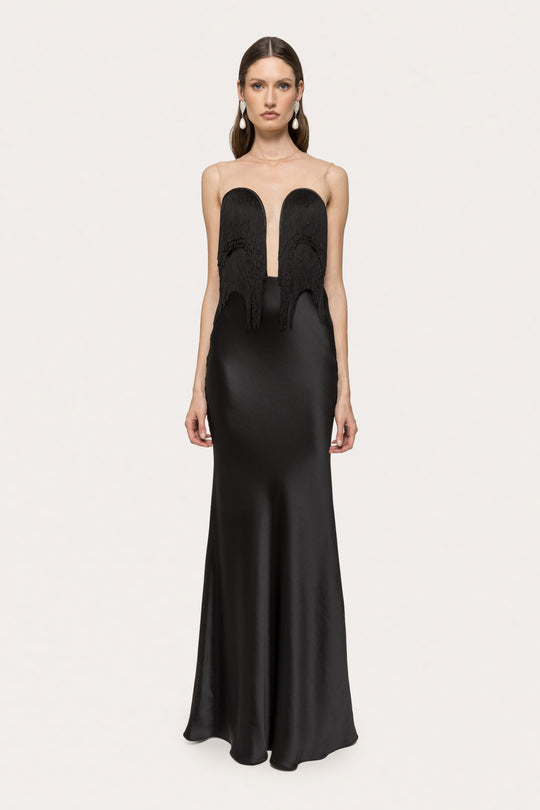 Damen Langärmliges Maxikleid mit tiefem V-Ausschnitt und fransierten Details EB