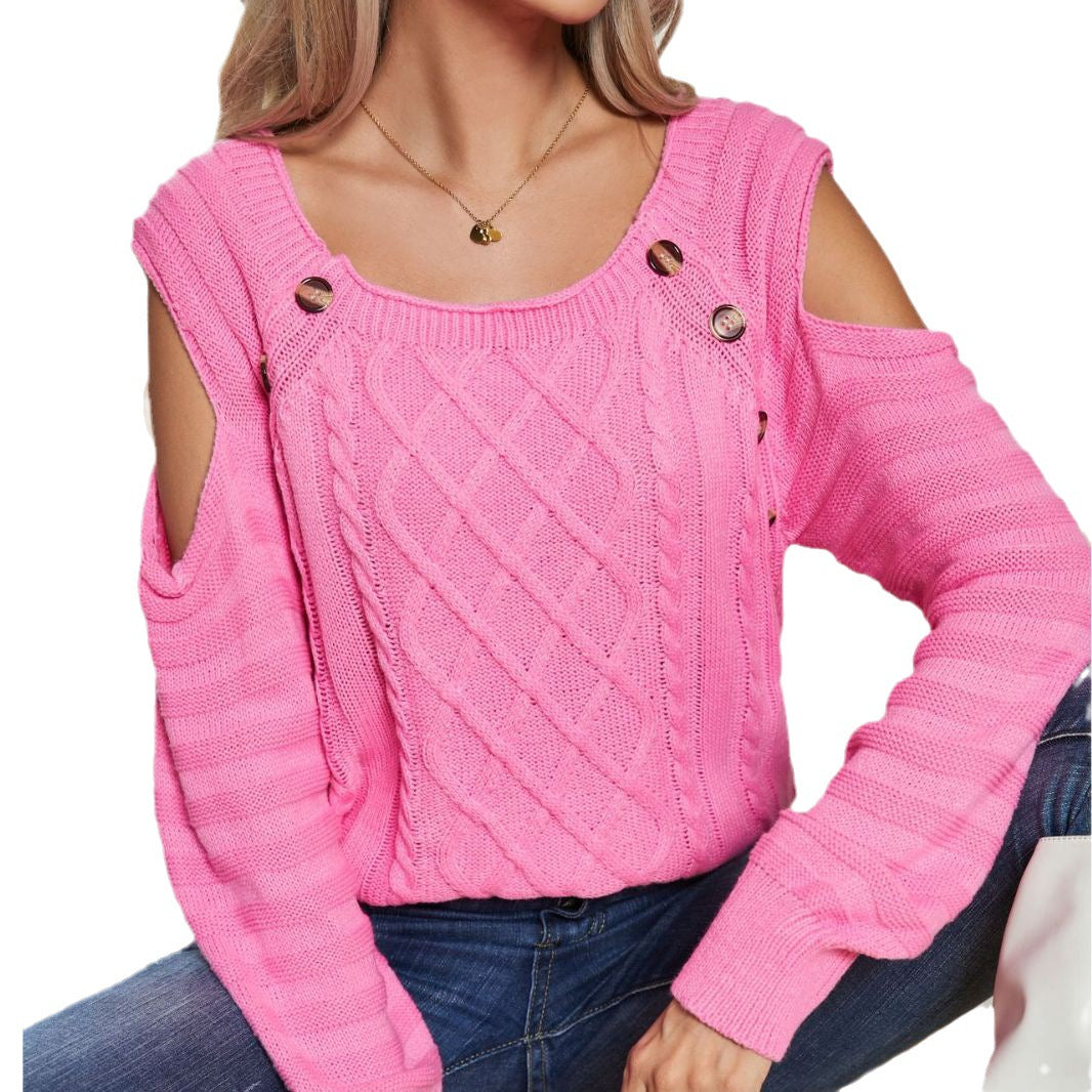 Damen Strickpullover mit offener Schulter und Knopfdetails EB