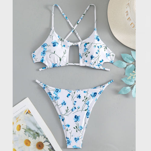 Damen Triangel-Bikini mit verspieltem Blumenmuster und raffiniertem Rückendetail EB