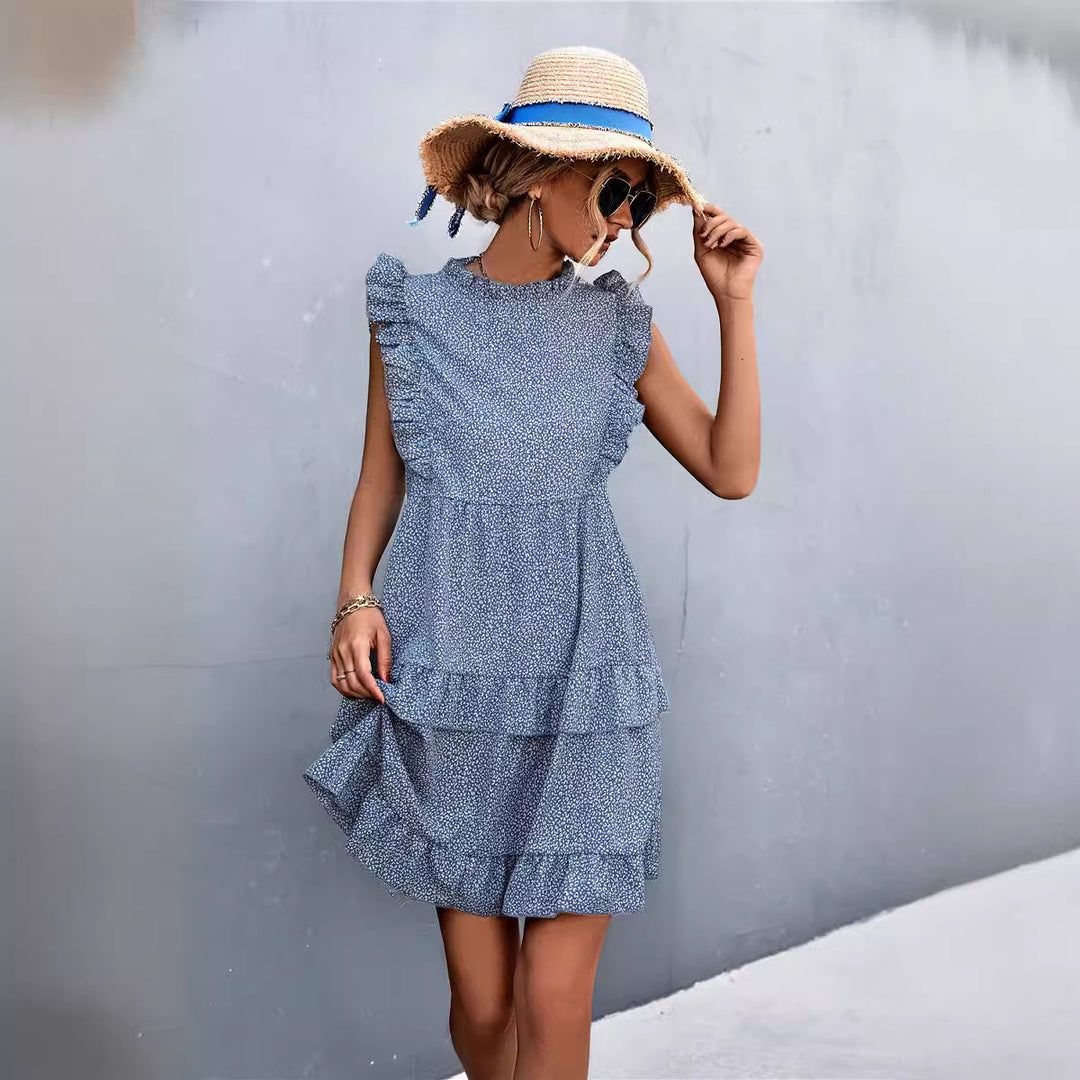 Damen luftiges Sommerkleid mit voluminösen Rüschensäumen und femininer Silhouette EB