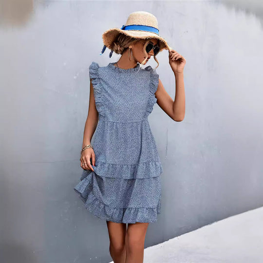 Damen luftiges Sommerkleid mit voluminösen Rüschensäumen und femininer Silhouette EB