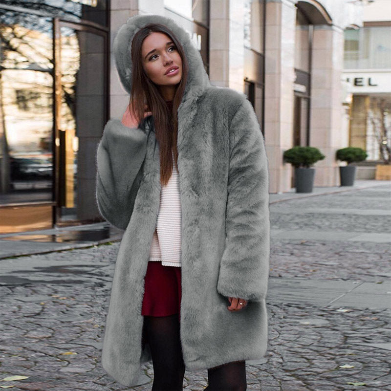 Damen Flauschige Kapuzenjacke aus Kunstfell mit dekorativem Schnitt EB