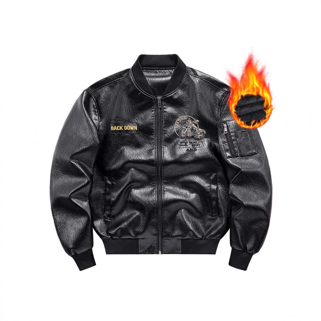 Herren Biker Lederimitat Bomberjacke mit Stickpatches und Ärmeltasche EB