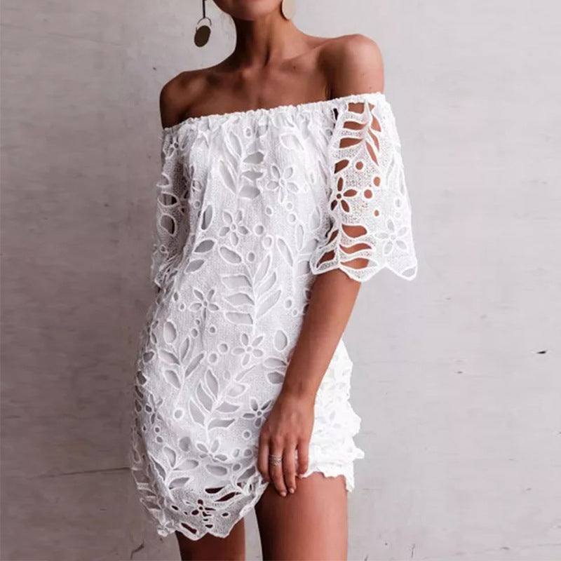 Damen Off-Shoulder Kleid mit floralen Cut-Outs und luftigen Ärmeln EB