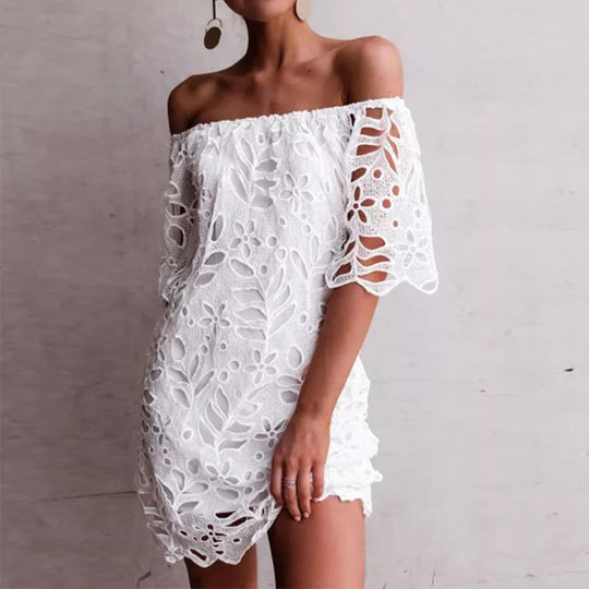 Damen Off-Shoulder Kleid mit floralen Cut-Outs und luftigen Ärmeln EB