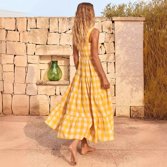Damen Maxikleid mit kariertem Design und eleganter, fließender Schnittführung EB