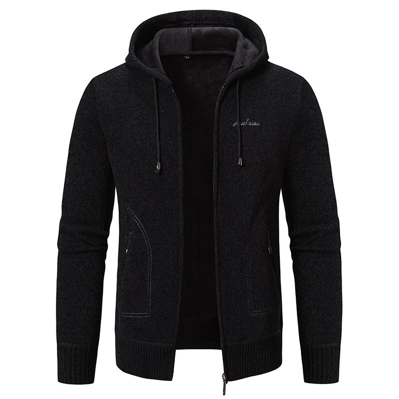 Herren nan warme Strickoptik-Zipjacke mit Teddyfutter, Kapuze und verdeckten Reißverschlusstaschen EB