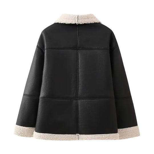Damen Kunstlederjacke mit weichem Teddyfutter und praktischen Taschen EB