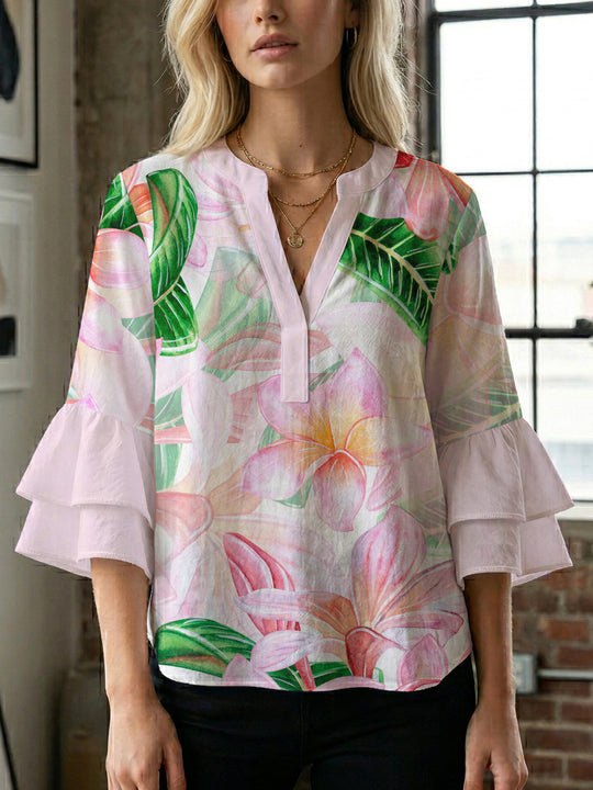 Damen Bluse mit voluminösen Rüschenärmeln und floralem Muster EB