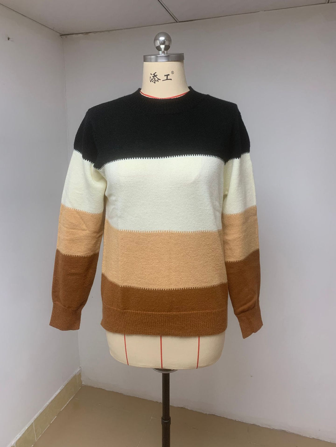 Damen Rundhals Strickpullover mit modernen Farbkombinationen EB