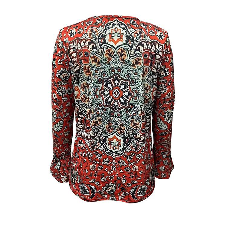 Damen Boho-Tunika-Bluse mit Mandala-Print, V-Ausschnitt und dreiviertel Ärmeln EB