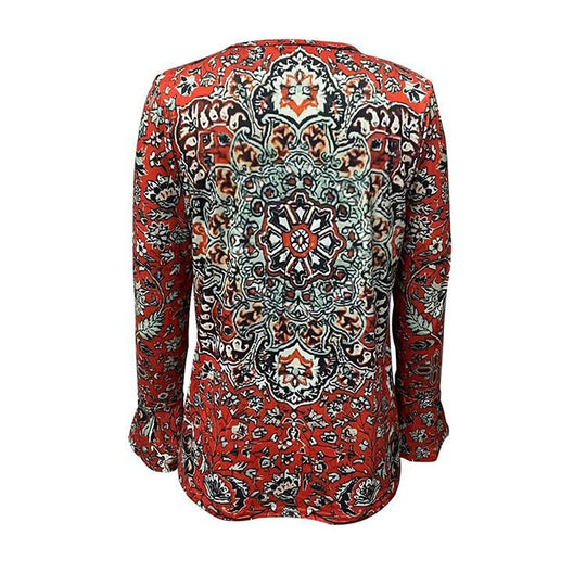 Damen Boho-Tunika-Bluse mit Mandala-Print, V-Ausschnitt und dreiviertel Ärmeln EB