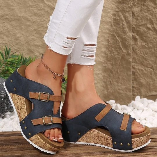 Damen Wedge-Pantoletten mit modischen Riemchen und komfortablem Fußbett EB