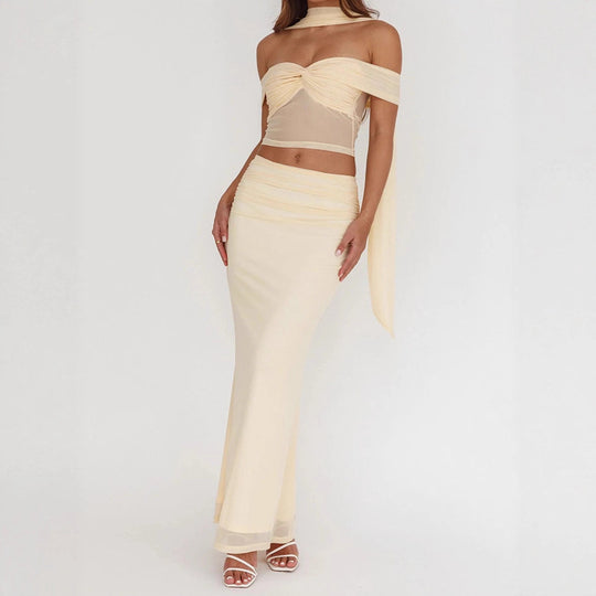 Damen elegantes Wickelkleid mit schulterfreiem Oberteil und drapierter Silhouette EB