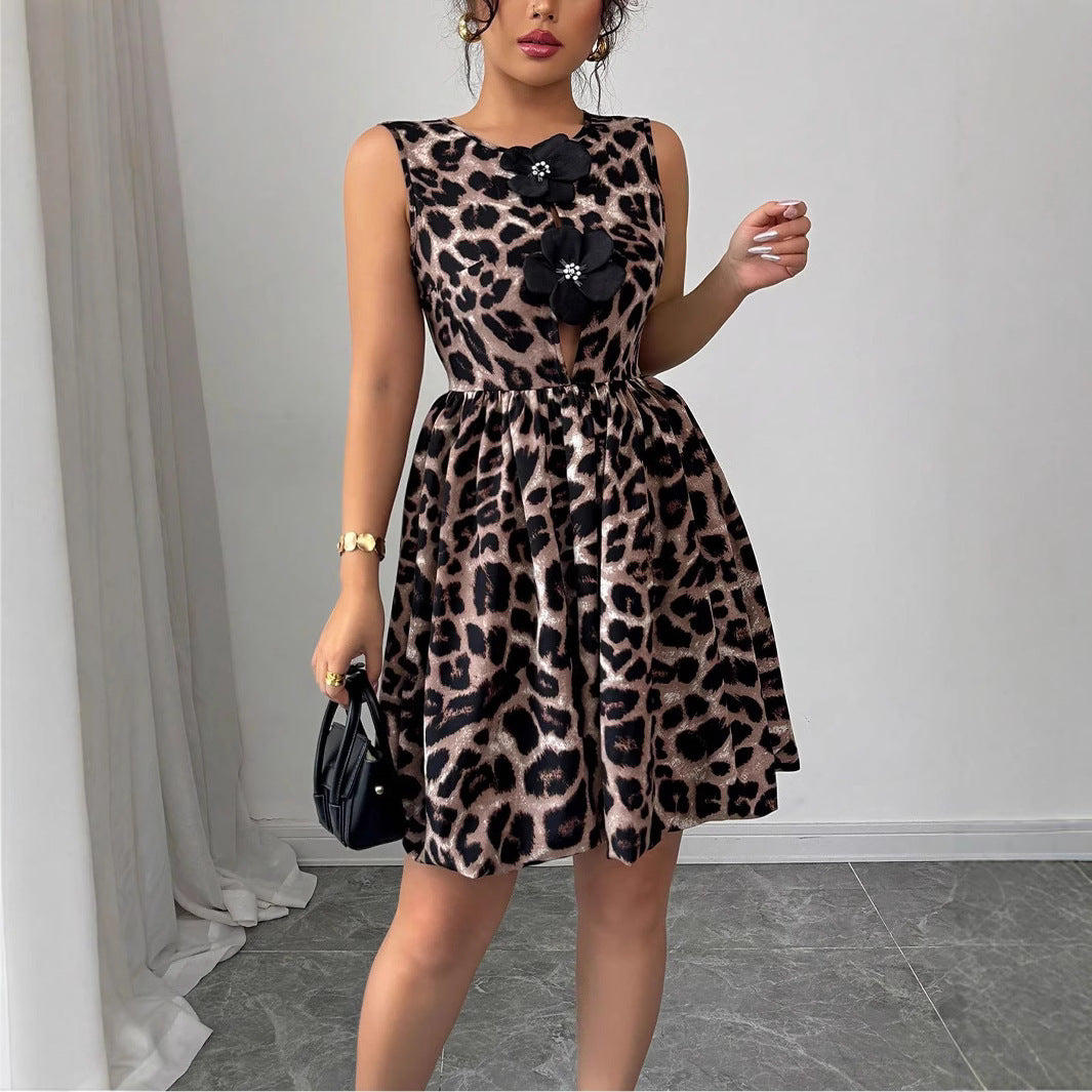 Damen Modisches Leopardenkleid mit Blumenapplikationen EB