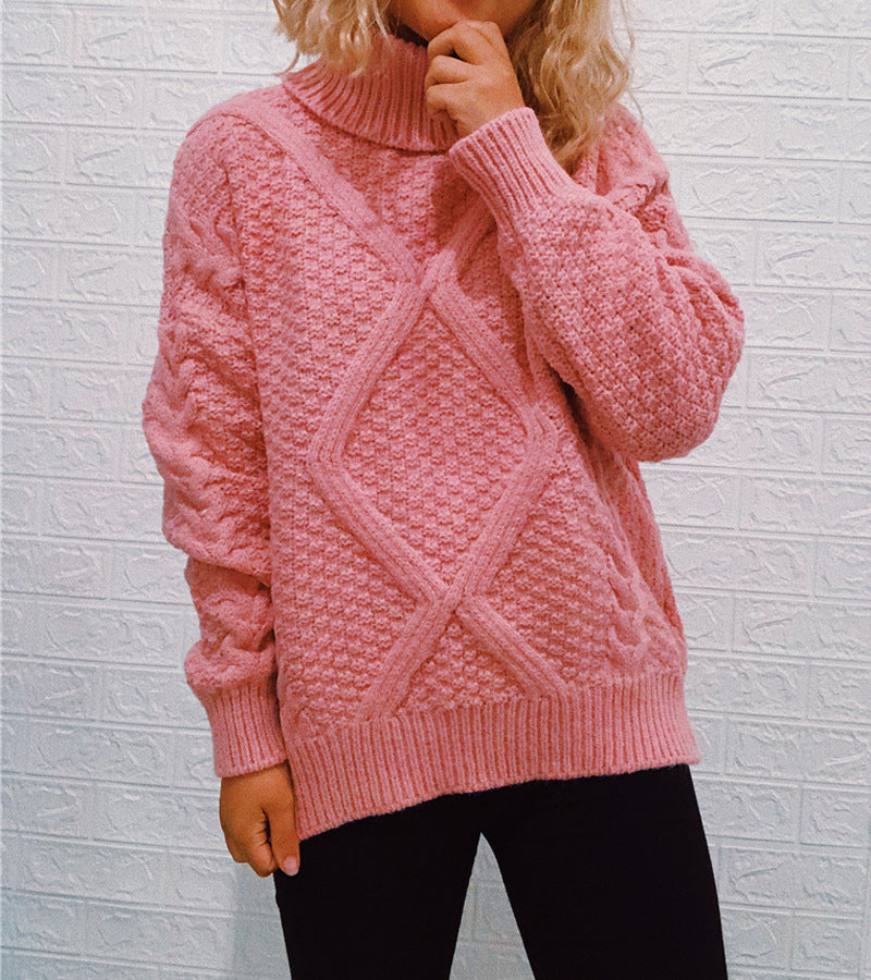 Damen Grobstrickpullover mit modischem Zopfmuster und hohem Kragen EB