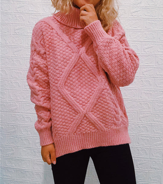 Damen Grobstrickpullover mit modischem Zopfmuster und hohem Kragen EB