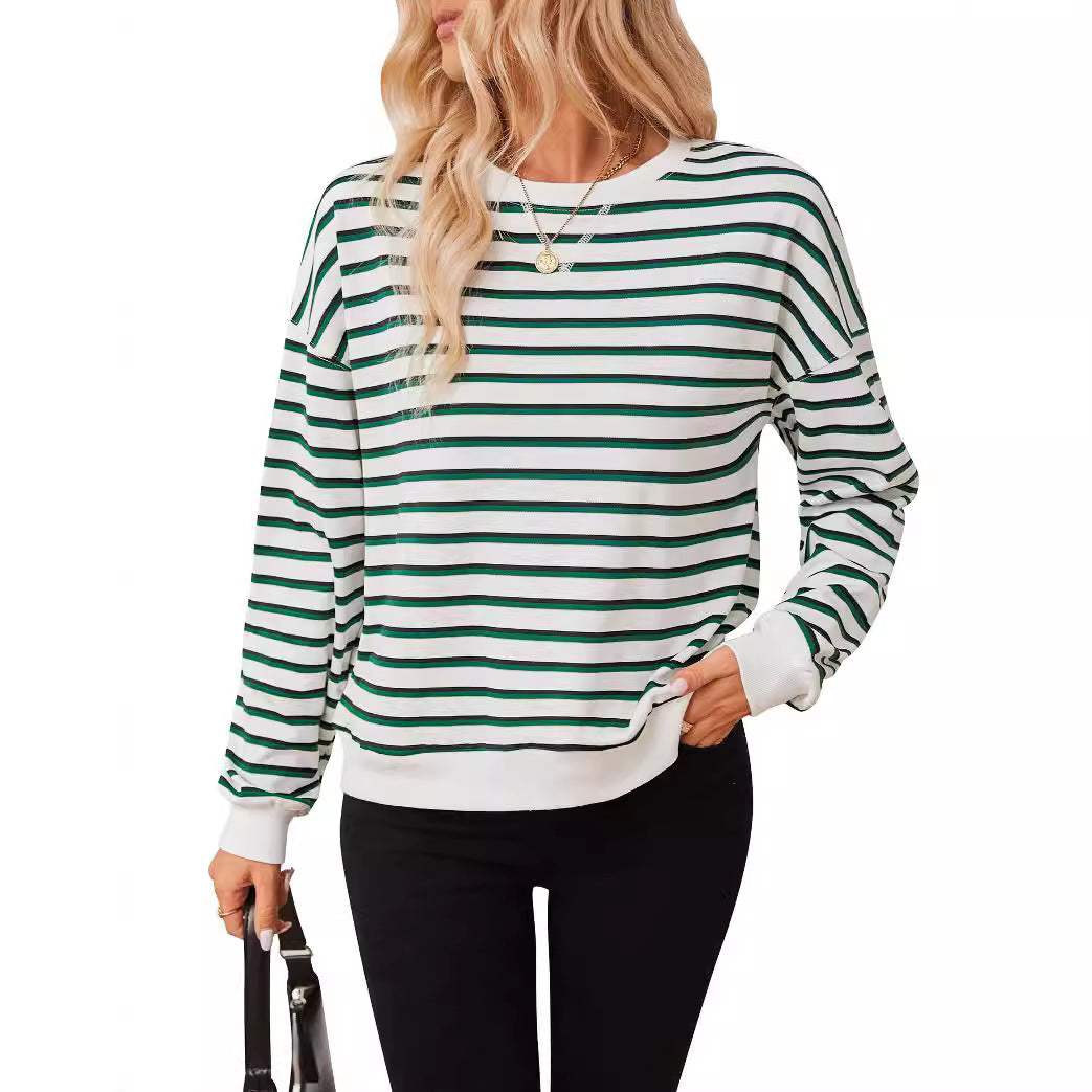 Damen lässiger Sweatshirt mit modernem Streifenmuster und Rundhalsausschnitt EB