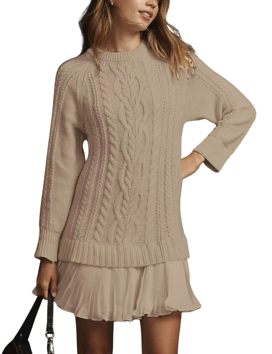 Damen nan Kabelstrick-Pullover mit Tunika-Schnitt, Zopfmuster und Rippbündchen EB