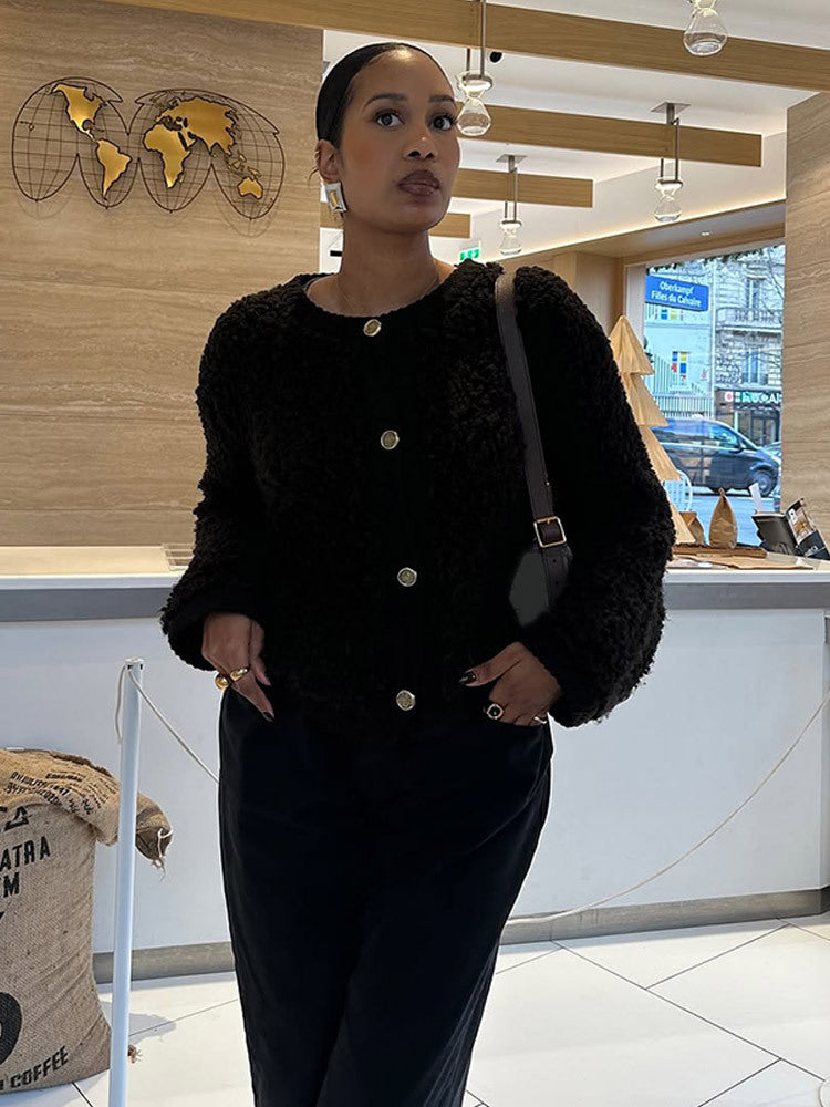 Damen kuschelige Fleecejacke mit Knöpfen und schickem Schnitt EB