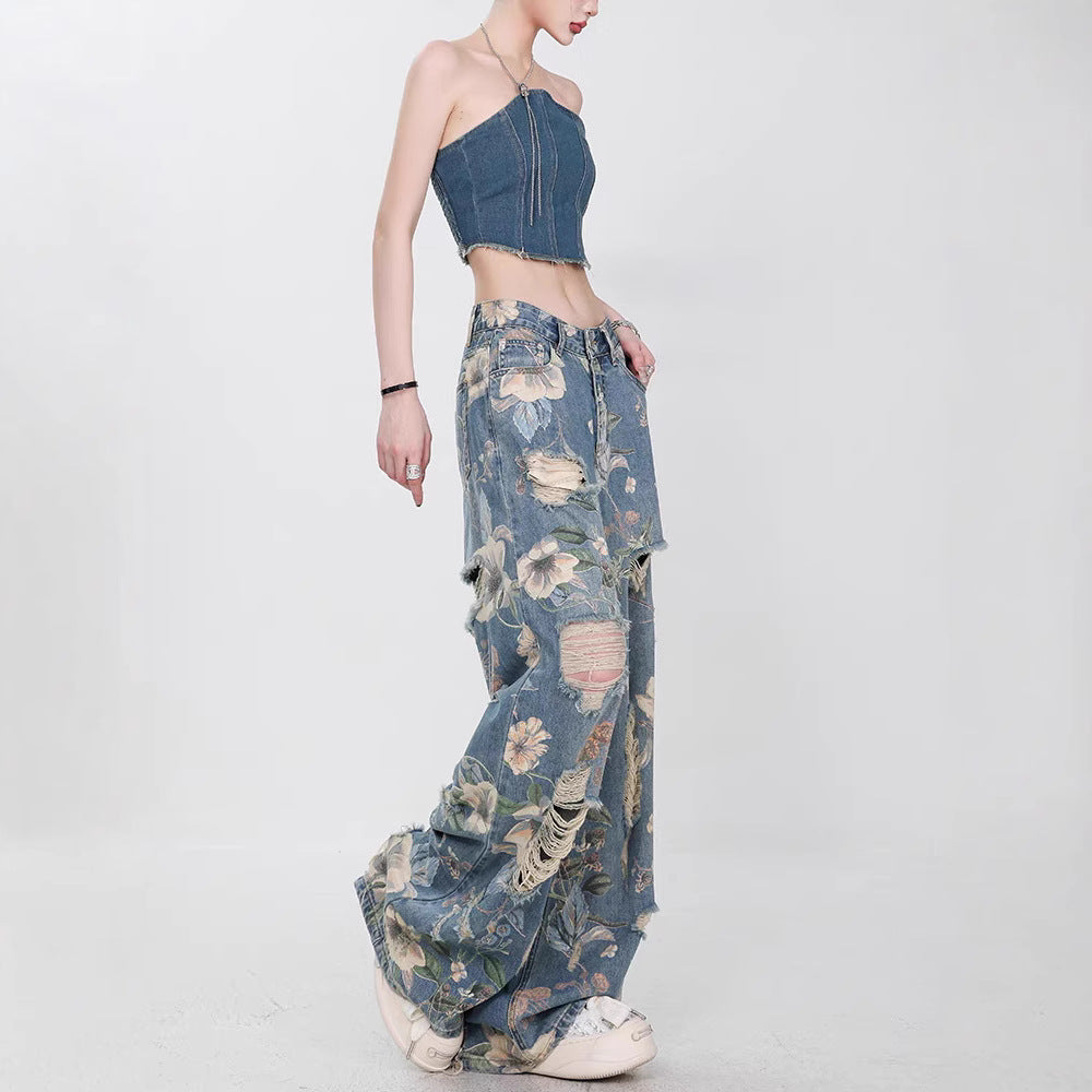 Damen Weit geschnittene Jeans mit floralem Design und schickem Destroyed-Effekt EB