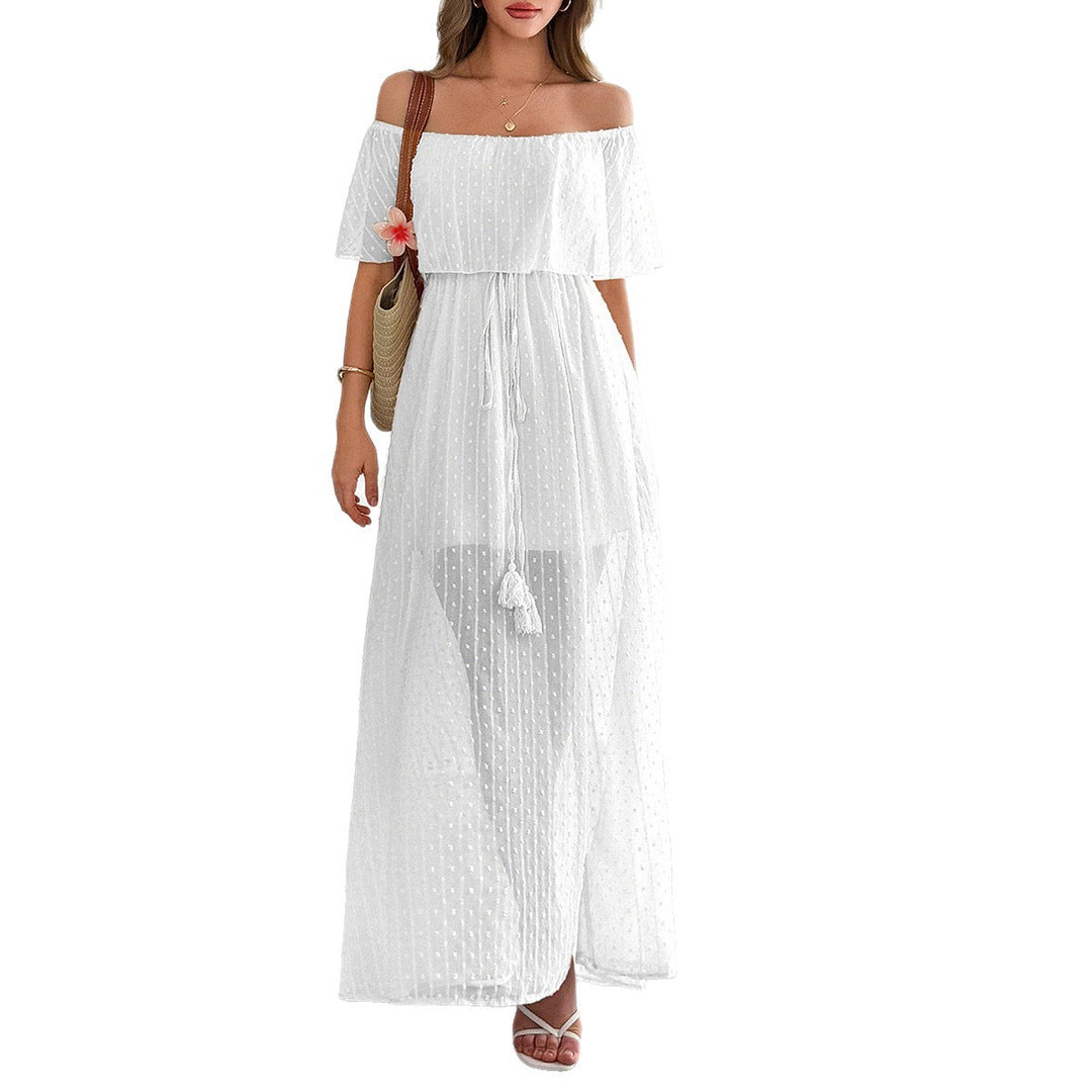 Damen Off-Shoulder Maxikleid mit feinem Punktedesign und Taillenbindung EB