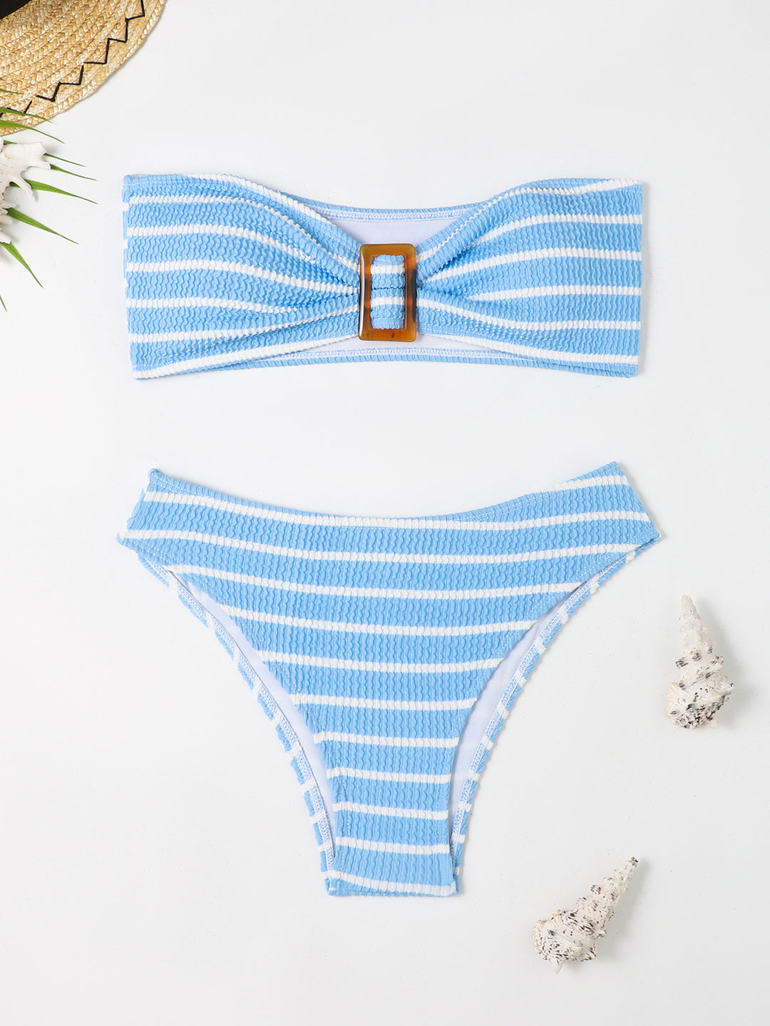 Damen Bandeau-Bikini mit modischem Streifenmuster und dekorativer Schnalle EB