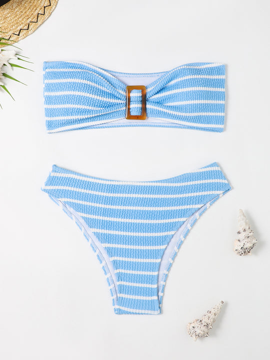 Damen Bandeau-Bikini mit modischem Streifenmuster und dekorativer Schnalle EB