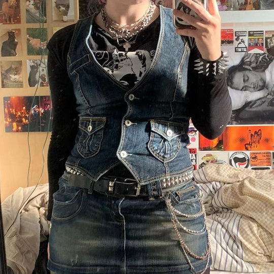 Damen Denim-Bustierjacke mit nostalgischem Spitzeneinsatz und dekorativen Knopfdetails EB