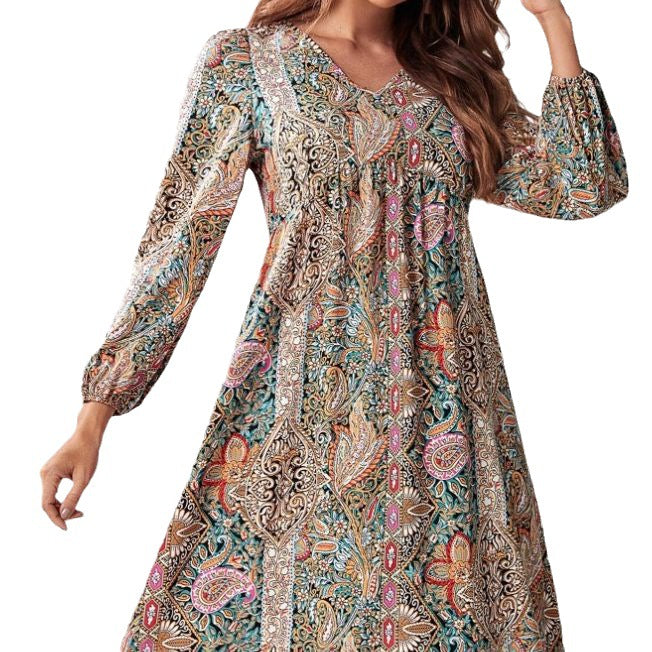 Damen Freizeitkleid mit tiefem V-Ausschnitt und langen Ärmeln EB