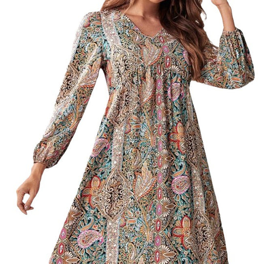 Damen Freizeitkleid mit tiefem V-Ausschnitt und langen Ärmeln EB