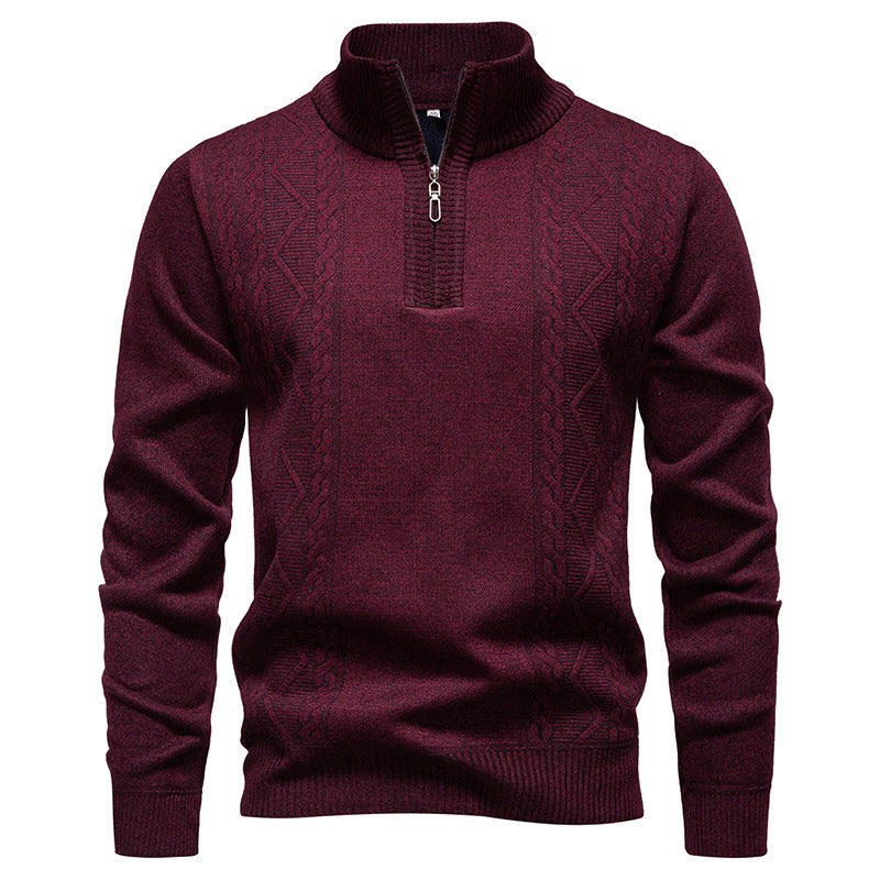 Herren nan gehobener Strickpullover mit Halbzip, Stehkragen und dekorativem Zopfmuster EB