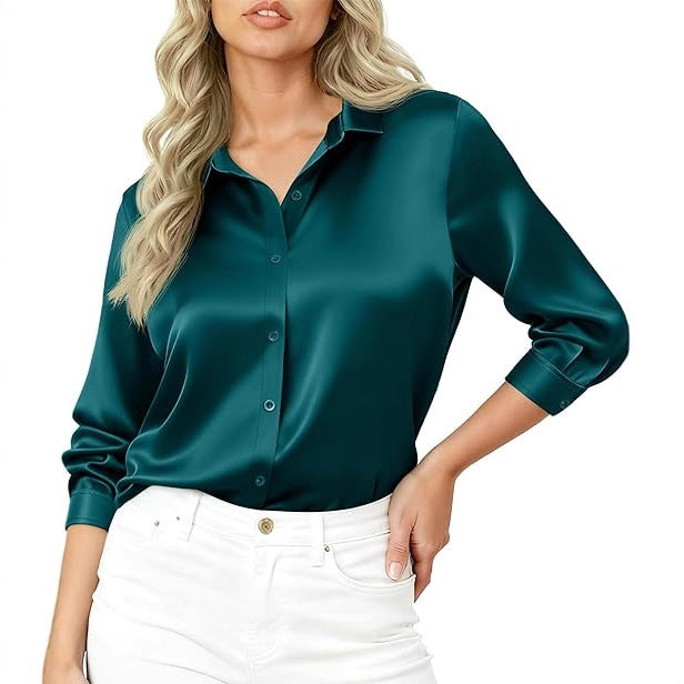 Damen Seidiges Satin-Blusenshirt mit Hemdkragen und dreiviertel Ärmeln EB