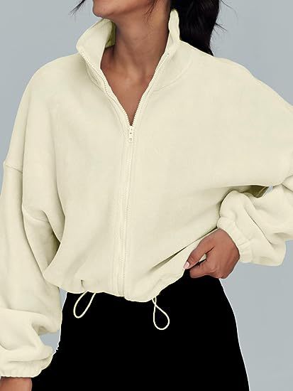 Damen lässiger Fleece-Pullover mit hohem Kragen und Kordelzug EB