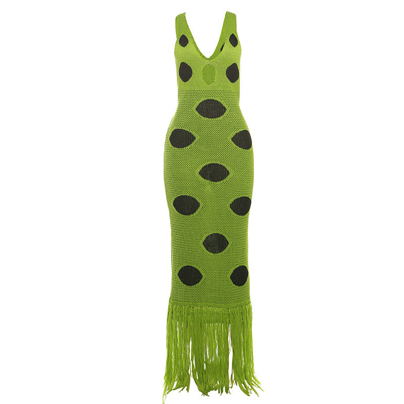 Damen Maxikleid mit tiefem V-Ausschnitt und fransigen Details EB