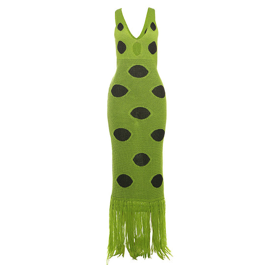 Damen Maxikleid mit tiefem V-Ausschnitt und fransigen Details EB