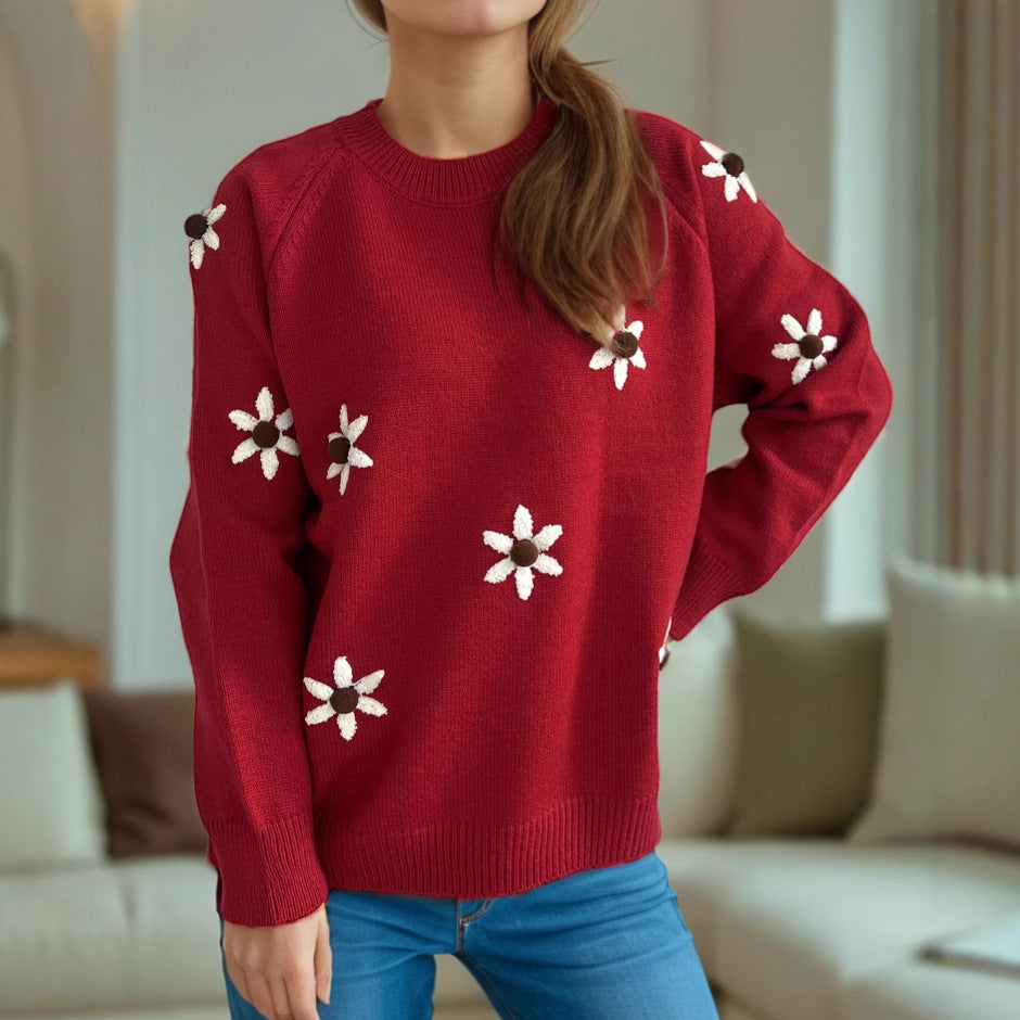 Damen Strickpullover mit floralen Applikationen und lässigem Schnitt EB