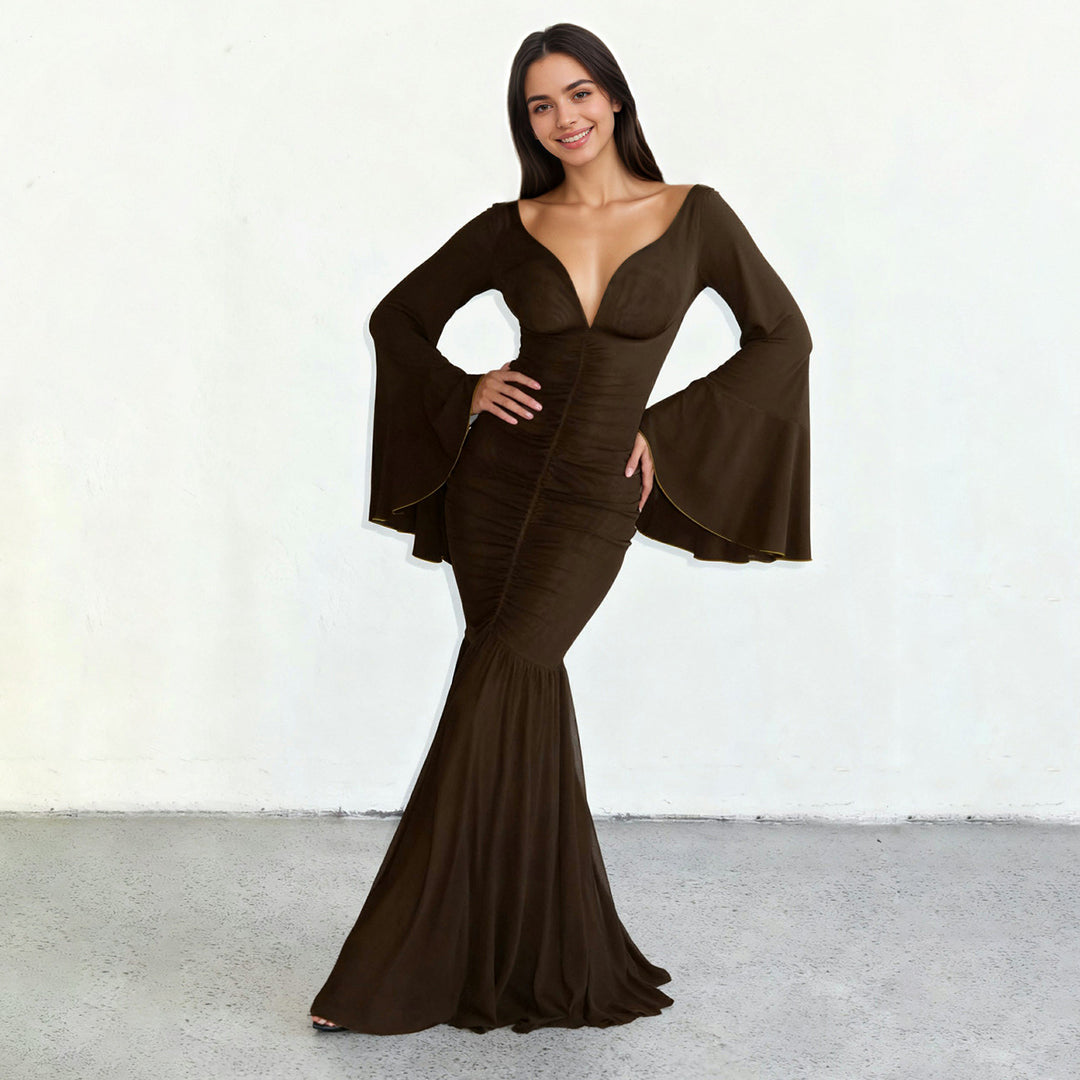 Damen nan gerafftes Maxikleid mit V-Ausschnitt, Trompetenärmeln und Stufenrüsche EB