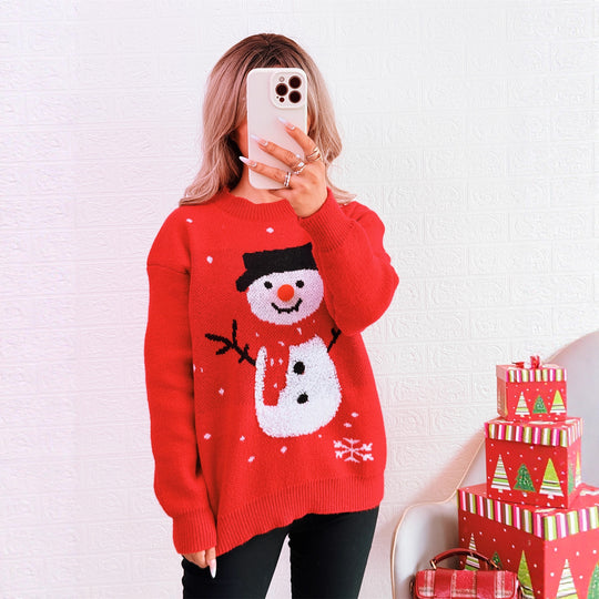 Damen Weihnachts-Pullover mit festlichem Schneemann-Motiv und gemütlichem Schnitt EB