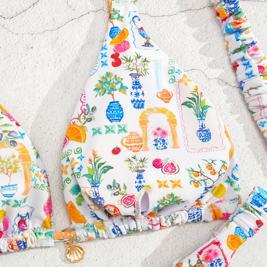 Damen Triangel-Bikini mit buntem Blumenmuster und verstellbaren Trägern EB