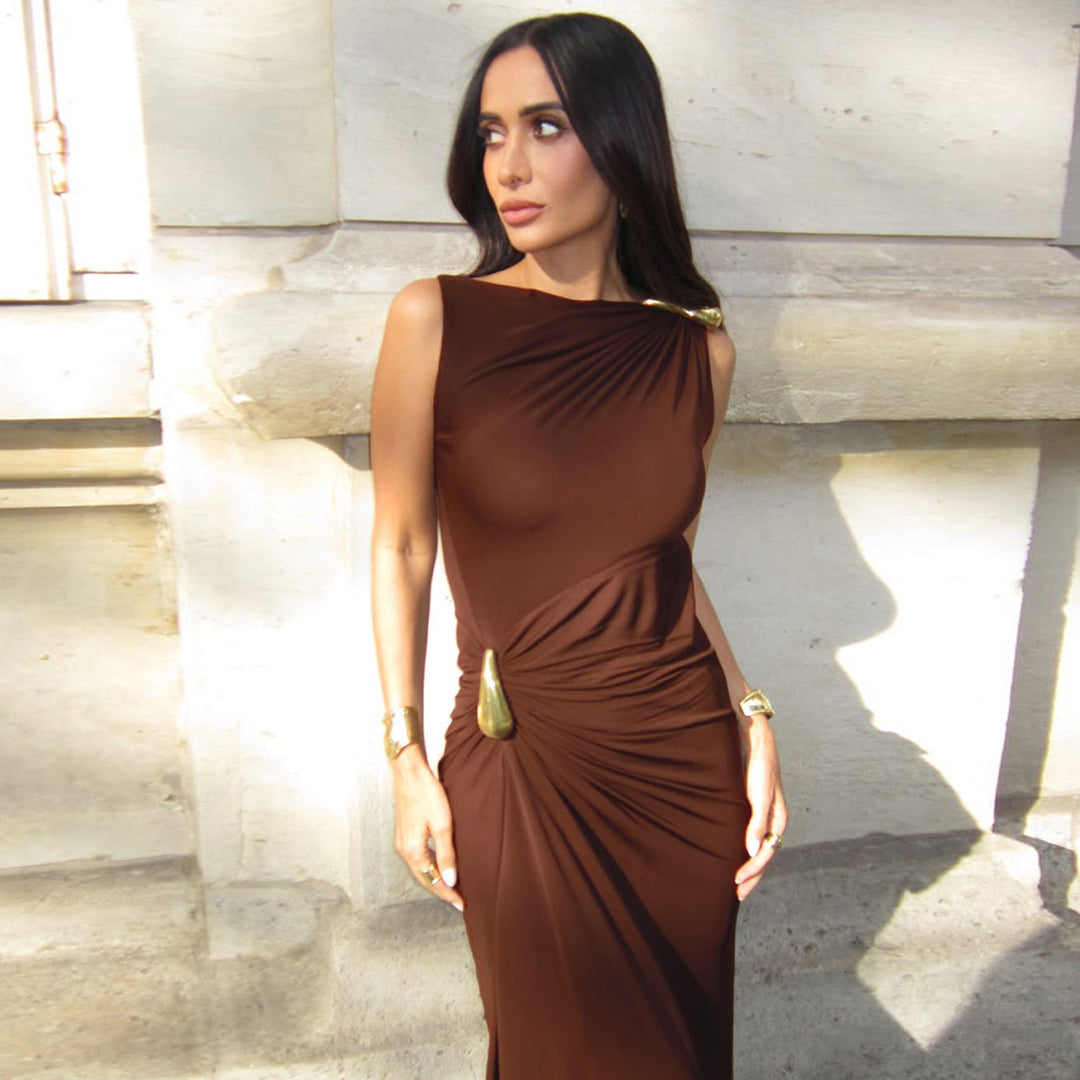 Damen Elegantes Maxikleid mit asymmetrischem Schnitt und drapiertem Detail EB
