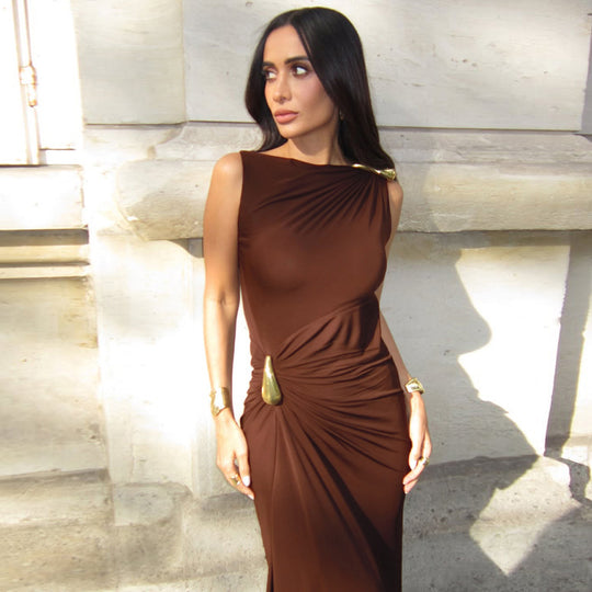 Damen Elegantes Maxikleid mit asymmetrischem Schnitt und drapiertem Detail EB