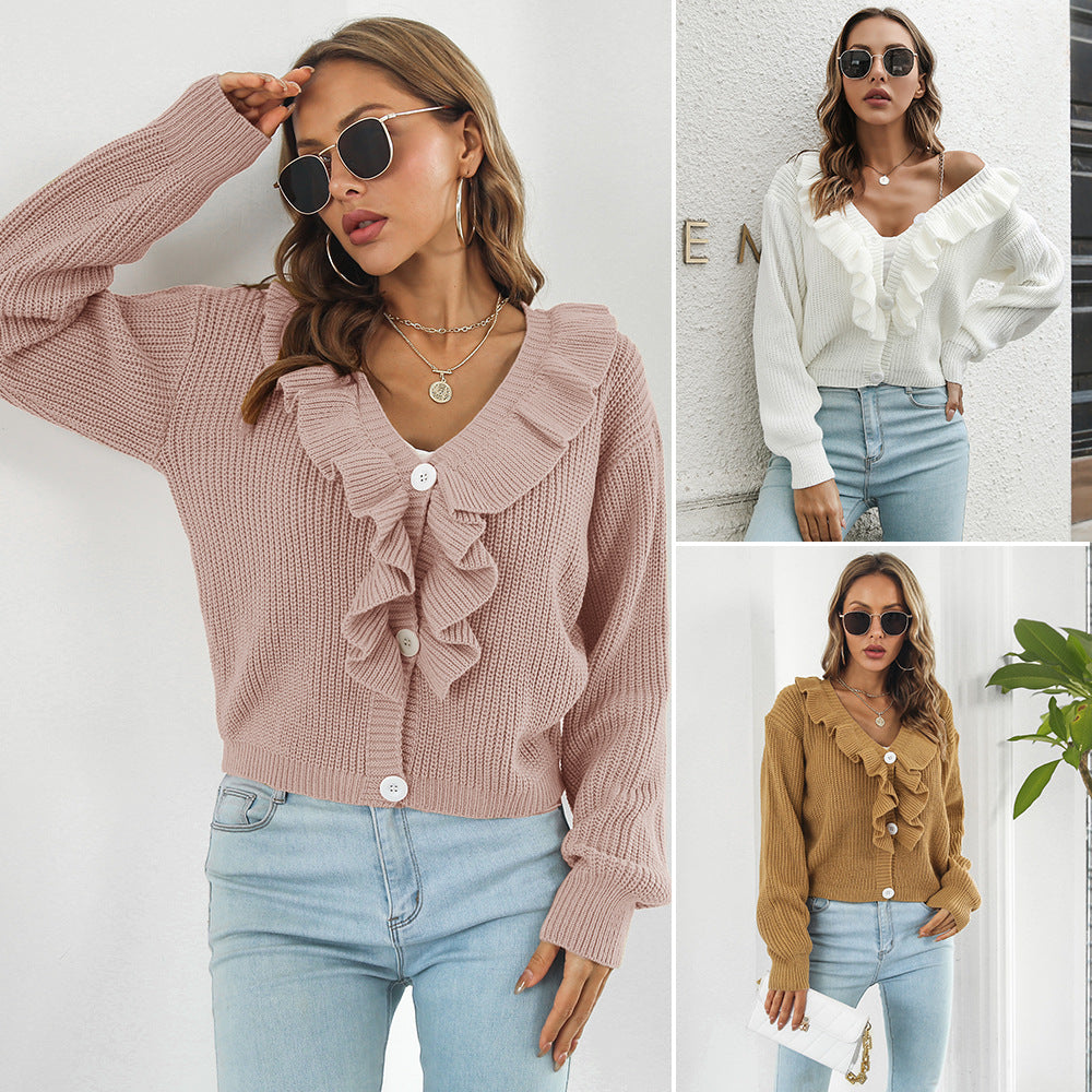 Damen Strickjacke mit Rüschendetails und knöpfbarem Frontverschluss EB
