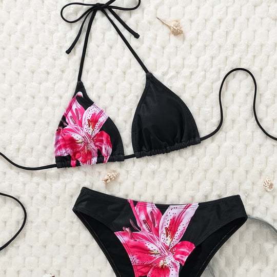 Damen Triangel-Bikini mit floralem Muster und verstellbaren Trägern EB