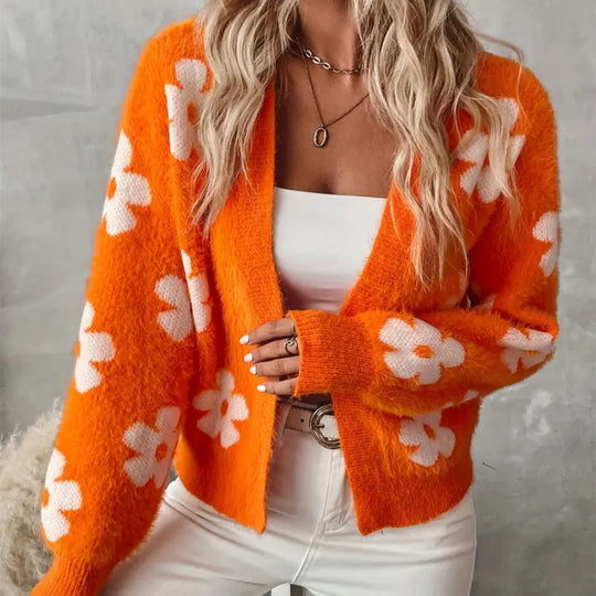 Damen Flauschiger Cardigan mit Blumenmuster EB
