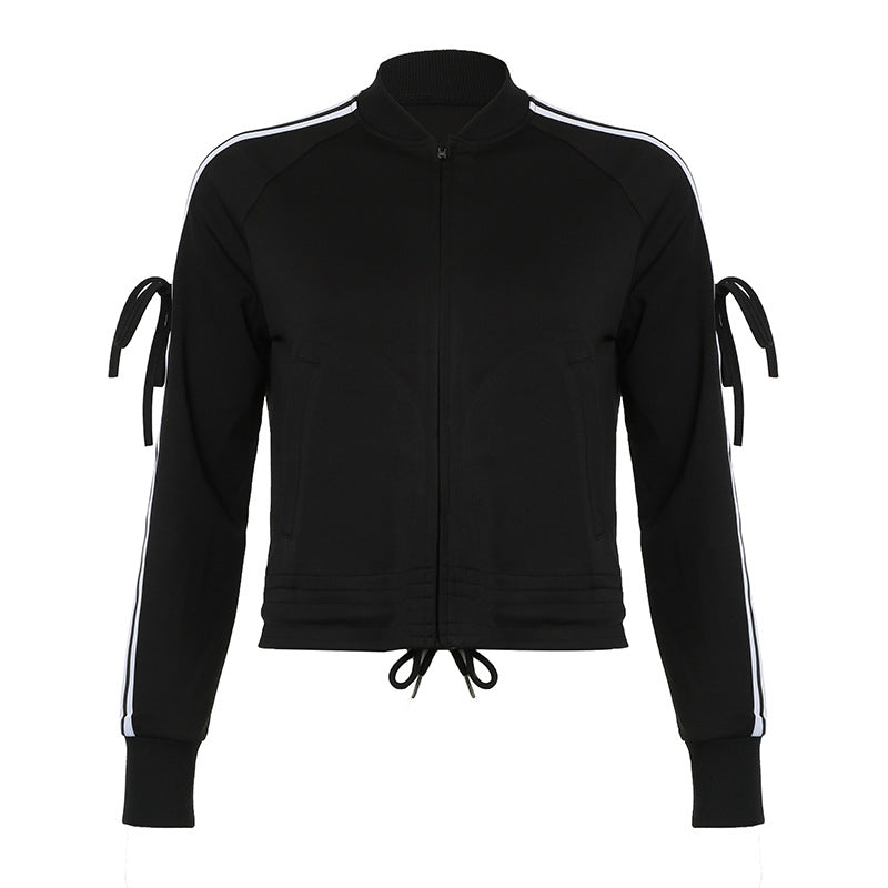 Damen nan sportive Zip-Jacke im Bomberstil mit seitlichen Streifen, Ärmel-Bindebändern und Kordelbund EB