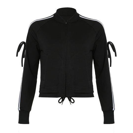 Damen nan sportive Zip-Jacke im Bomberstil mit seitlichen Streifen, Ärmel-Bindebändern und Kordelbund EB