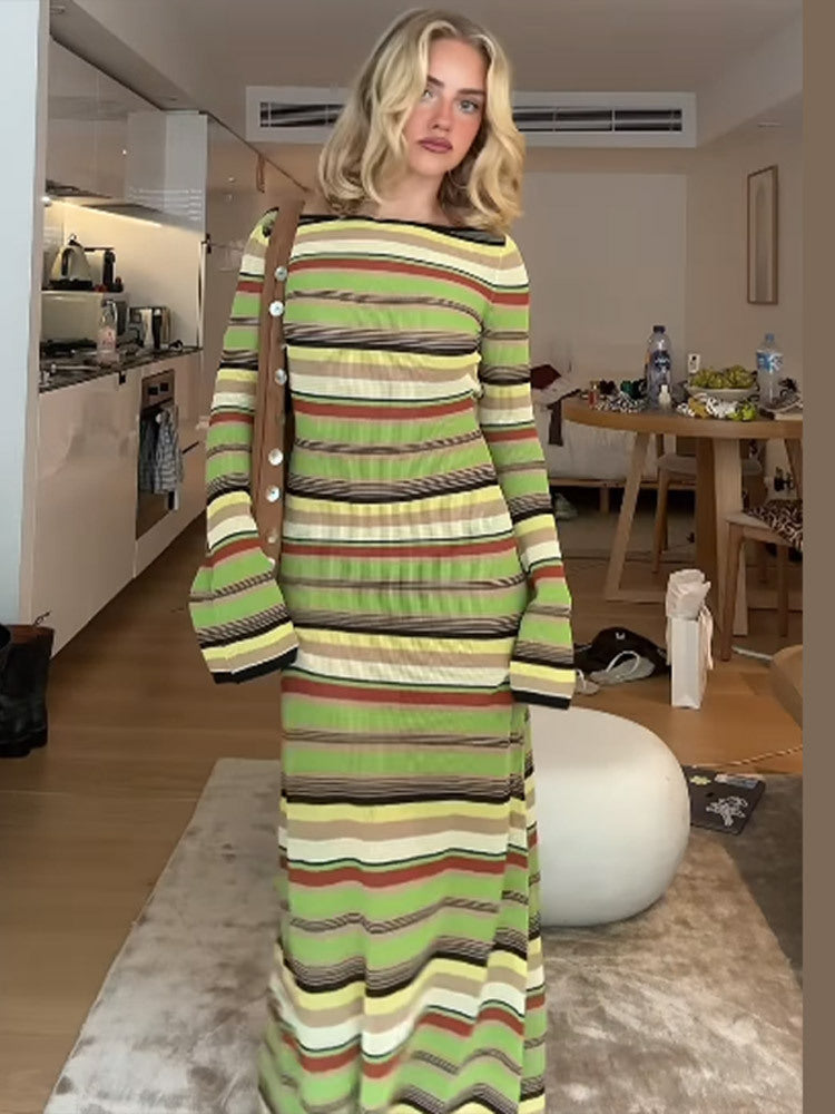 Damen Maxi-Kleid mit einzigartigem Streifenmuster und weitem Arm EB