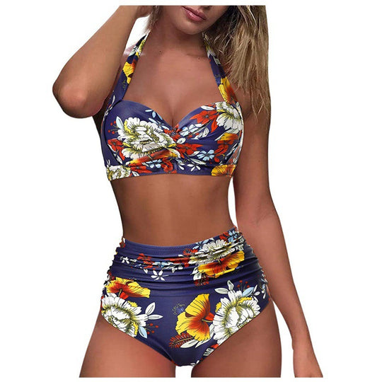 Damen Hochtaillierter Karobikini mit gerafftem Oberteil EB
