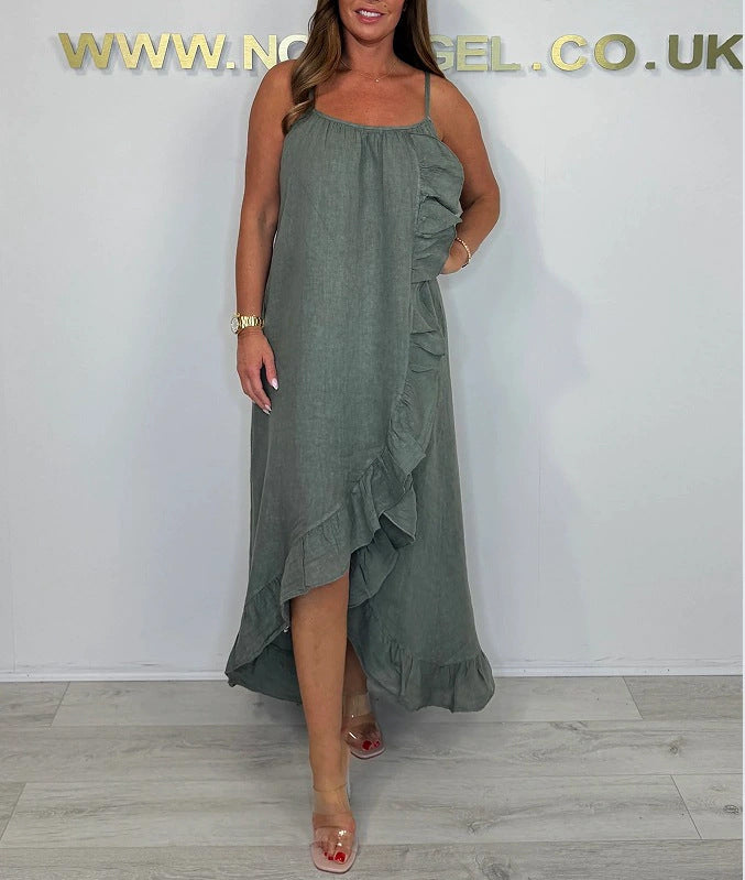 Damen Langarm Maxikleid mit asymmetrischem Saum und Rüsche EB